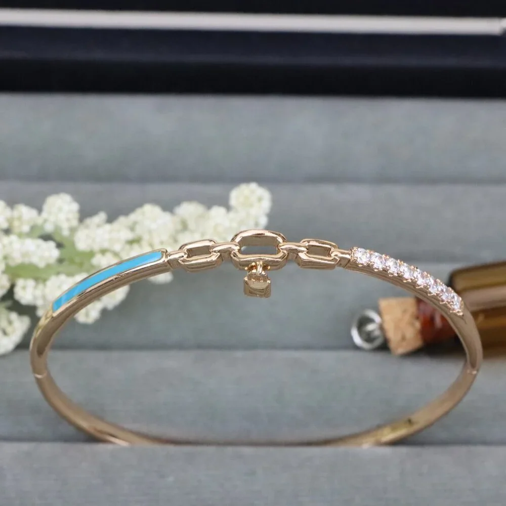 Chic Rose Gold Bangle with Lock Charm and Blue Enamel Accent, XPBL0432